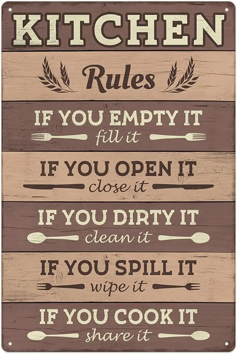 Kitchen Rules Tin Sign Funny Rustic Farmhouse Kitchen Counter Wall Art Decor Vintage Hanging Metal Signs Accessories for Home Ba