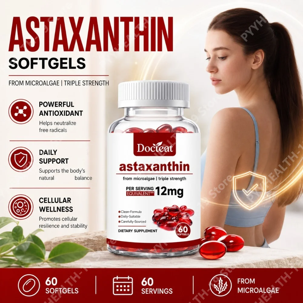 Docteat Astaxanthin Softgels Microalgae Triple Strength 12mg For Antioxidant Cellular Immunity Defense Support Adult 60 Softgels