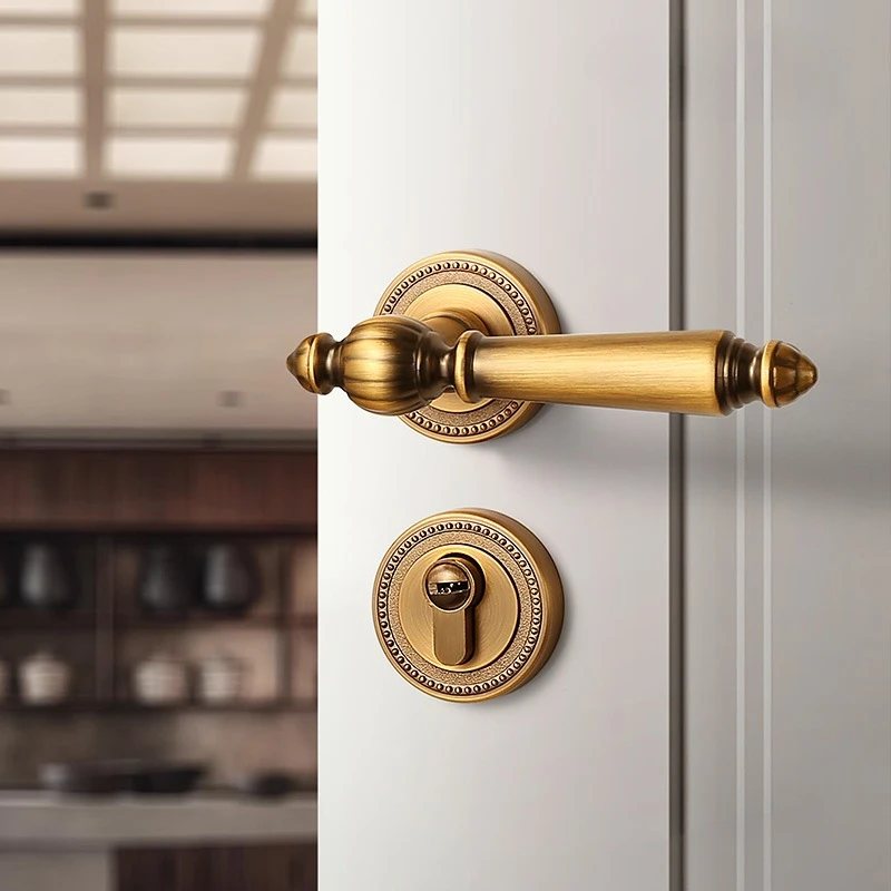 

French retro light luxury bedroom split magnetic silent door lock, brass antique copper indoor double opening wooden door lock