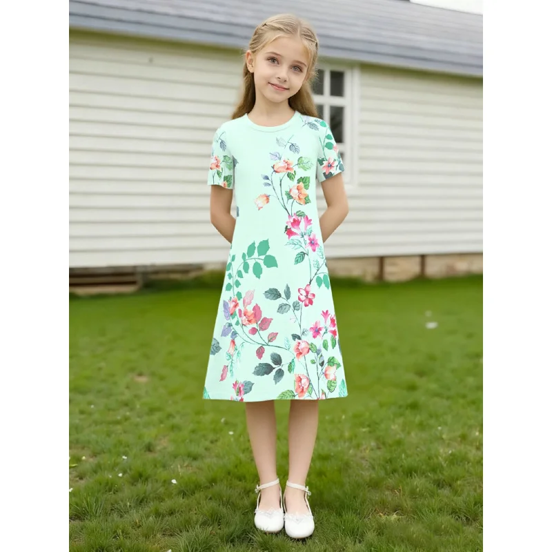 

Girls Mint Green Floral Print Short Sleeve Dress Fresh Pastoral Style A-Line Skirt Children's Clothing 2026