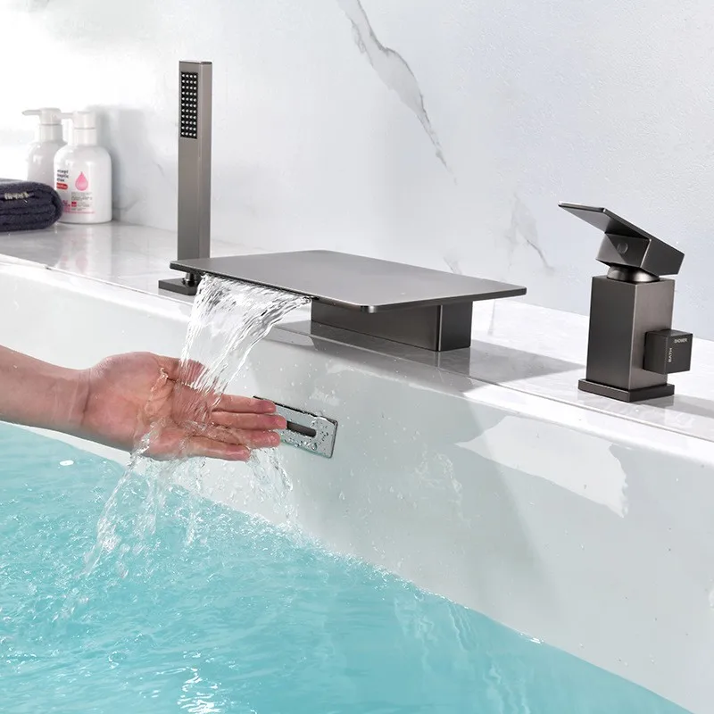 Elegant Waterfall Bathtub Faucet Set with Handheld Shower for Three-Hole Tub Edge, Hot and Cold Water Mixer