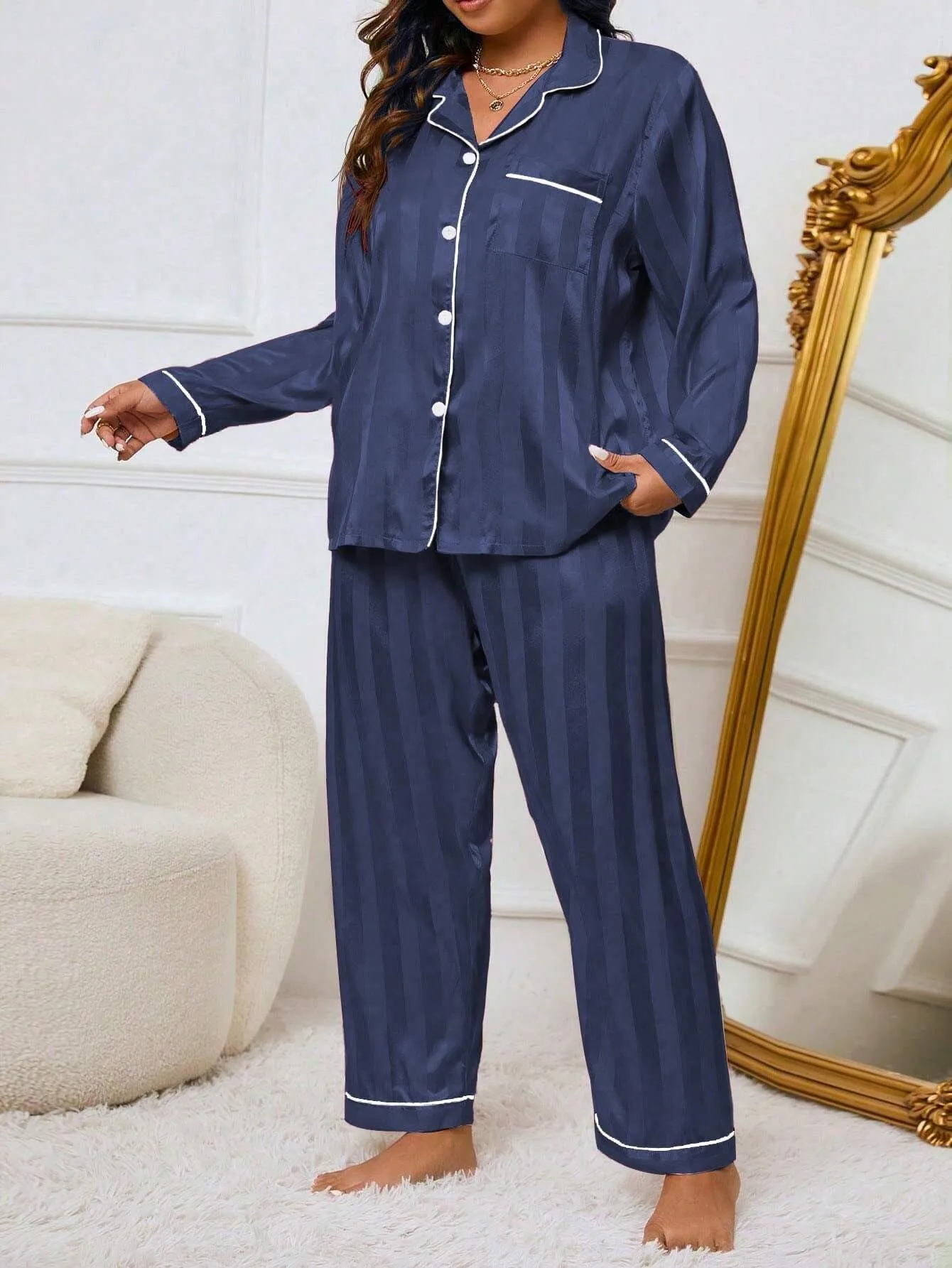 Autumn Plus Size Women Satin Striped Pajamas Set 1XL-5XL Long Sleeve Button Down Pajama Set Sleepwear Two Piece Loungewear Suit