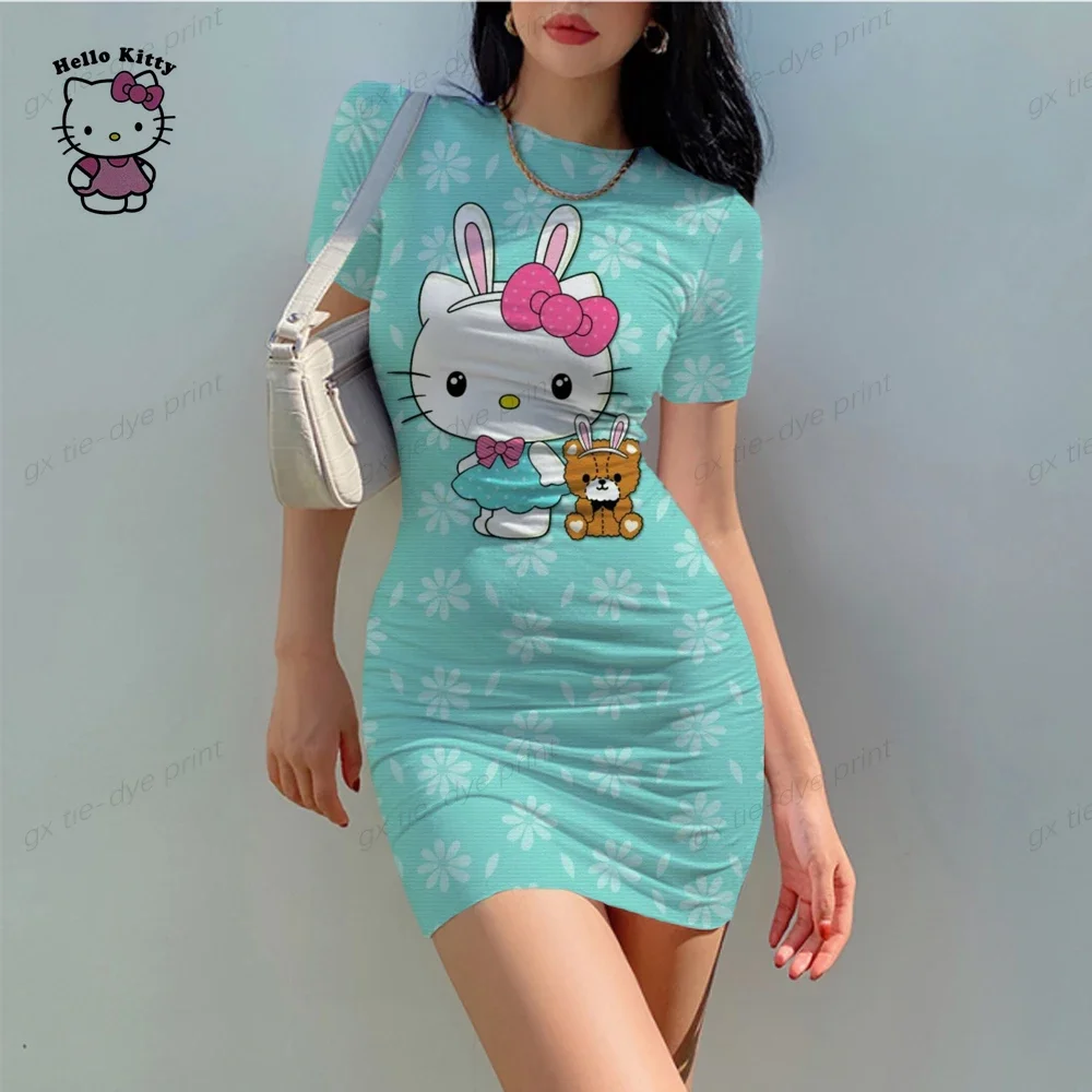 Vestido de desenho animado Hello Kitty Bodycon para mulheres, manga curta, streetwear Y2K, vestido de praia casual, festa e clube, novo, venda quente, verão, 2024