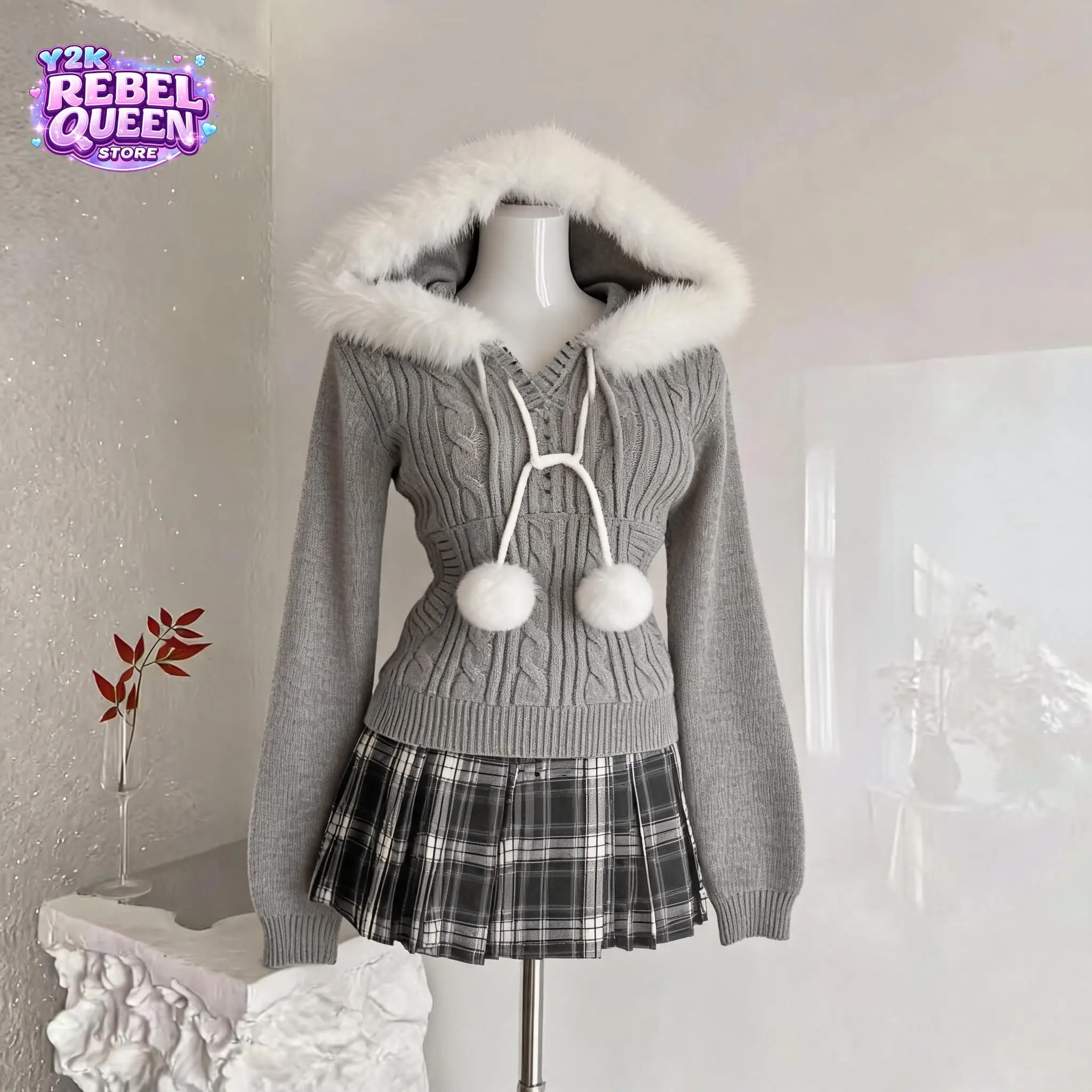 Y2k Vintage Casual Sweaters 2 Piece Set Women Fuzzy Trim Pom Pom Cable Knit Sweater Plaid Pleated Skirt Slim Fit Daily Wear