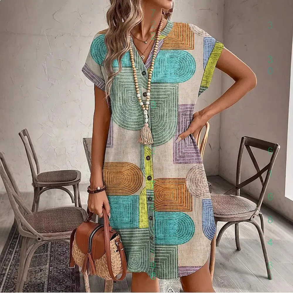 

Geometric Print V Neck Button Short Sleeve Women Summer Dresses, Elegant Shift Dress Spring Summer
