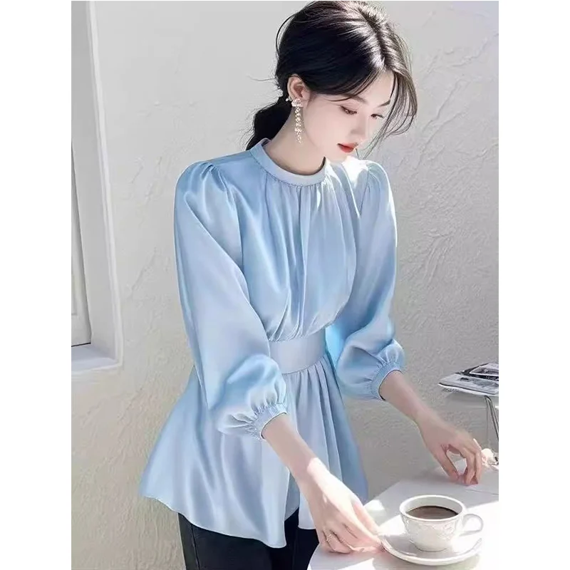 

2025 Spring New Simplicity Elegant Solid Color O-neck Long Sleeve Blouse Ladies Fashionable Corset Pleated Women's Shirt Top Tee