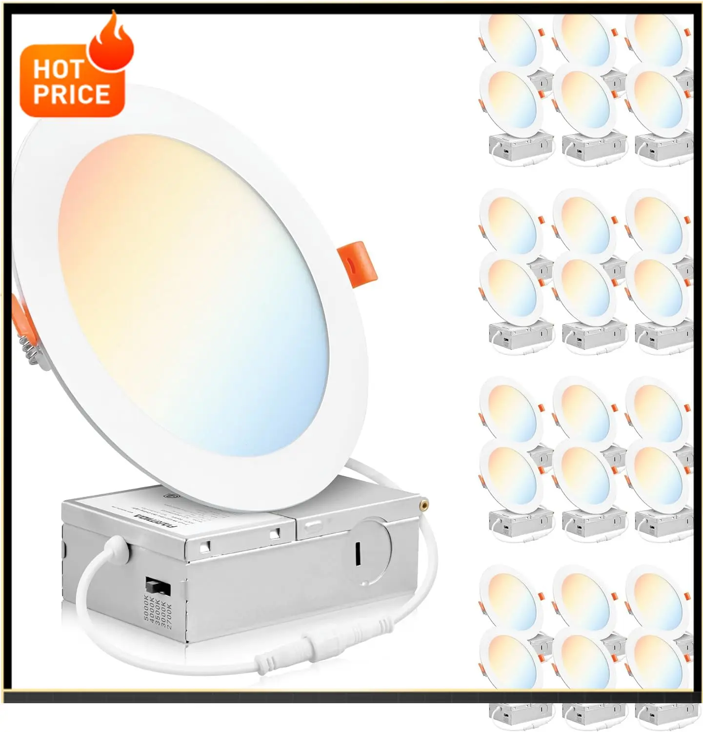 

BestsellerPARMIDA (24 Pack) 6 Inch 5CCT Ultra-Thin LED Recessed Ceiling Light with Junction Box, 5 Color Selectable 2700K/3000K/