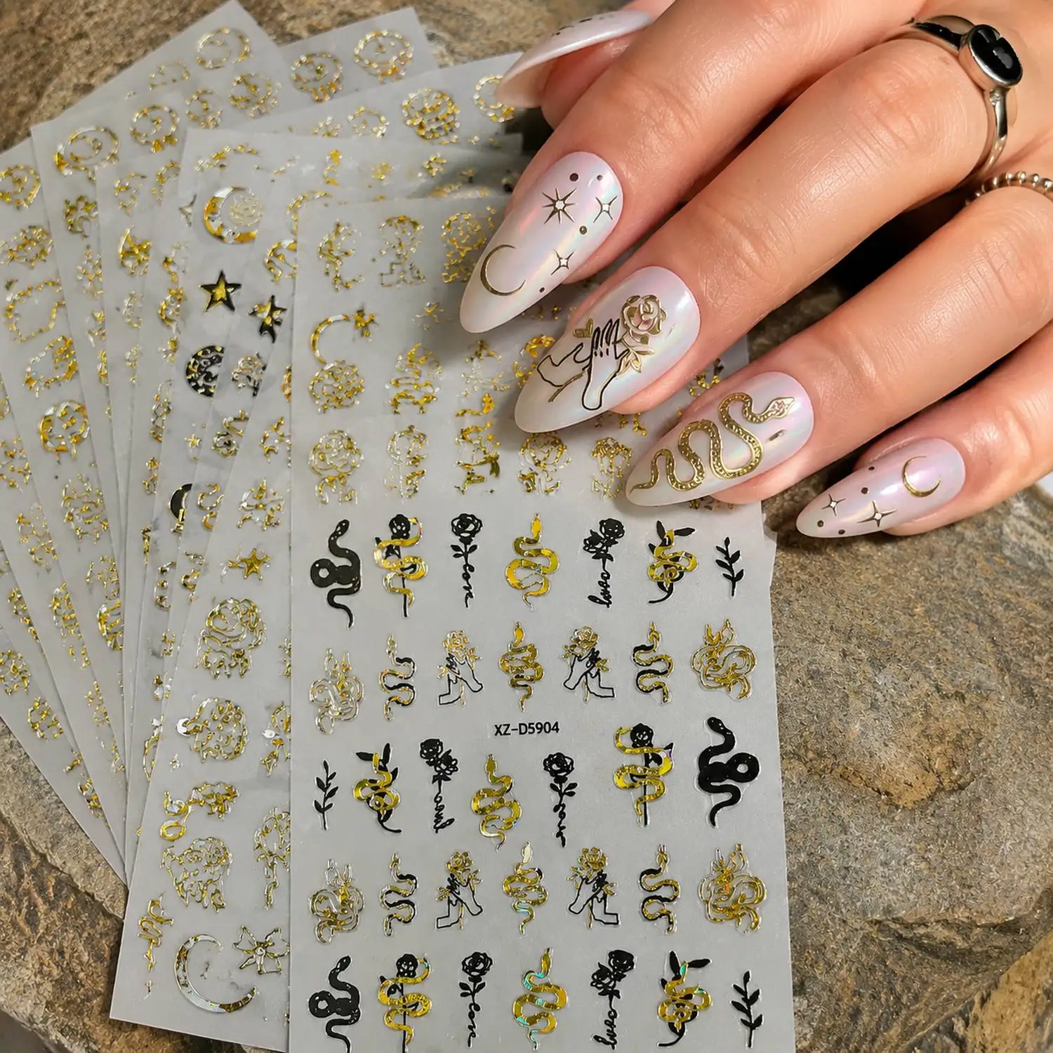 12Pcs Embossed Holographic Gold Nail Sticker Mixed Symbol Nail Decal Luxury Edgy Nail Slider For Party Design