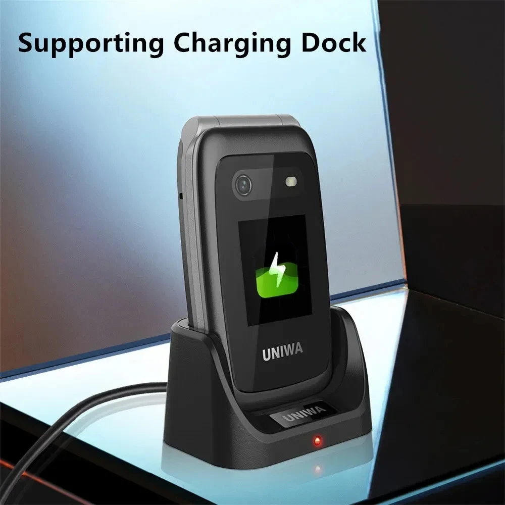 UNIWA V202T Flip Phone Dual Screen Large Button Dual SIM Card 4G Network Mobile Phone Support Charging Dock For Elderly