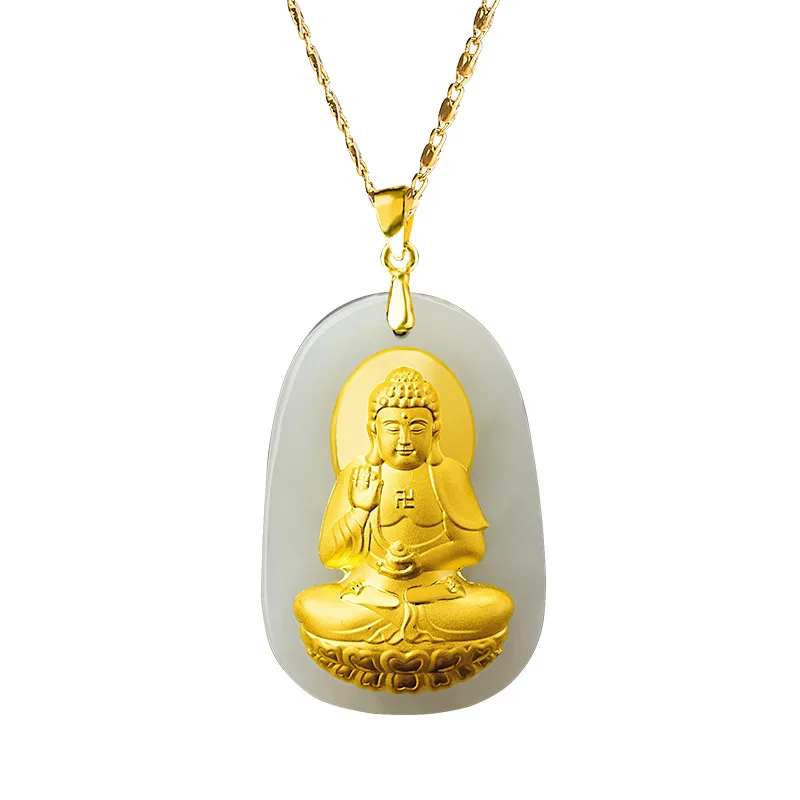 Natural Hetian Jade Chinese Zodiac Buddha Gold Inlaid Jade Guardian Pendant Necklace for Women and Men Gifts