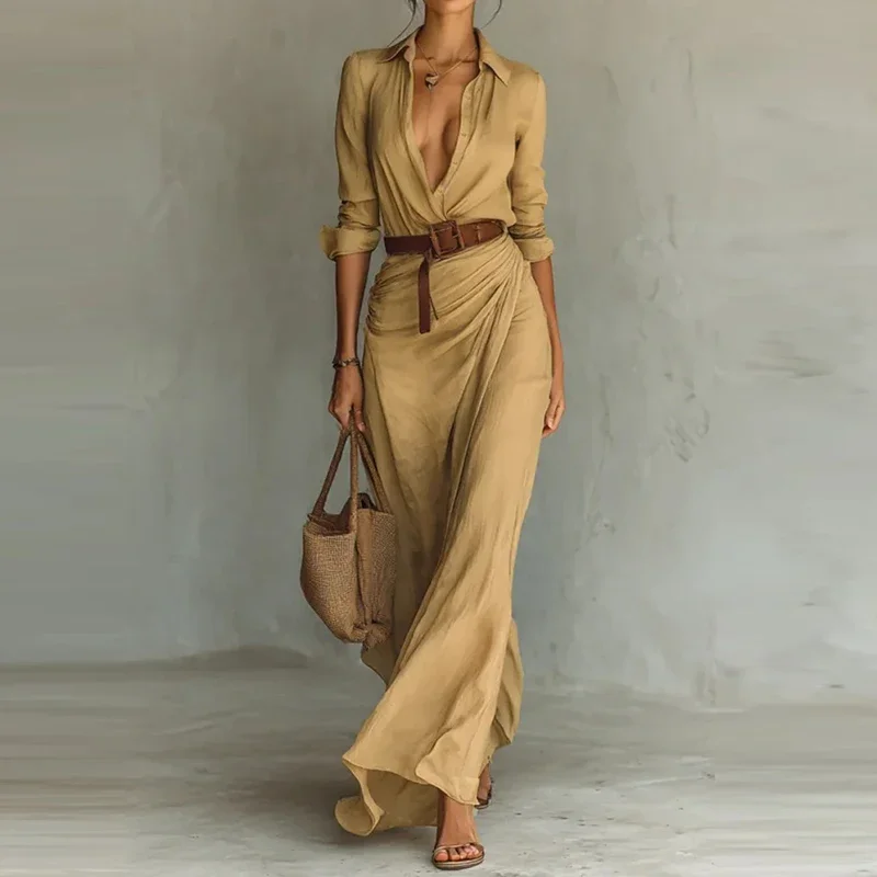 

Elegant Pleated Robe Dresses Autumn Vintage Solid Color Long Sleeved Shirt Dress New Casual Women's Lapel Button Commuting Dress