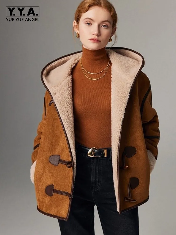 Winter Women Lambswool Coat Casual Loose Fit Horn Button Hooded Faux Suede Jacket Warm Ladies Vintage Sheep Shearing Outerwear