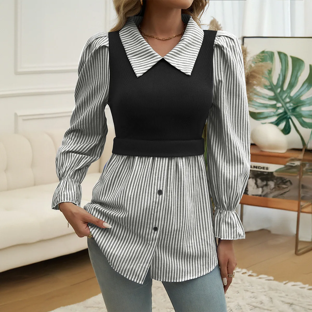 Women Long Sleeve Shirt Buttons Patchwork Tops Lapel Neck