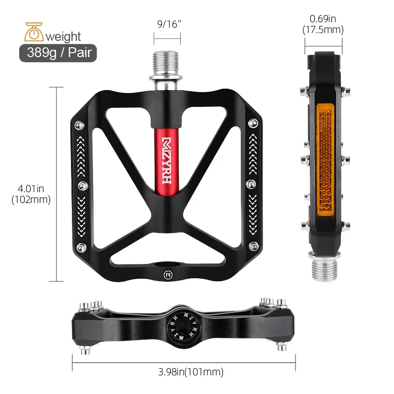 MZYRH F17 Reflective Bike Pedal 3 Bearings Non-Slip MTB Pedals Aluminum Alloy Flat Applicable Waterproof Bicycle Accessories