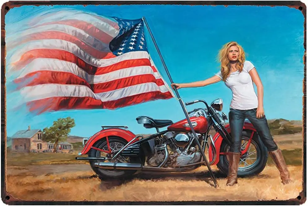 الحنين الأصلي الرجعية تصميم جميل دراجة نارية العلم القصدير علامات معدنية جدار الفن |   ملصق جداري مطبوع عليه صفيح سميك
