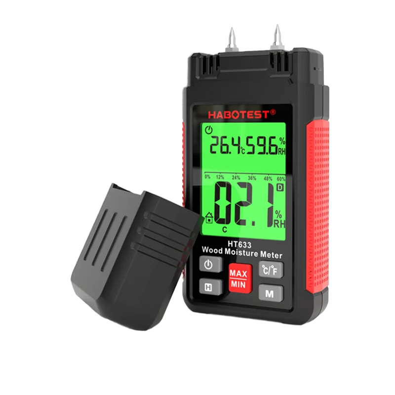 

Habotest HT633 DC Сопротивление штифтового типа Измеритель влажности древесины Измерение строительных материалов для влажности Температура для влажности древесины