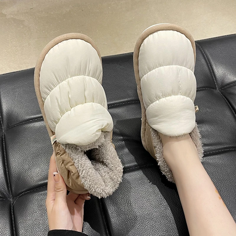 

Водонепроницаемые хлопковые тапочки на пуху с перьями, женские зимние нескользящие тапочки Fce, теплые домашние тапочки Materni oe на каблуке
