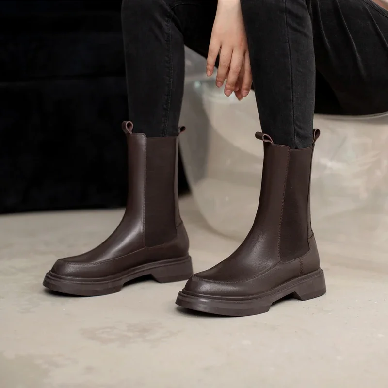 Hot Real Leather Chelsea Boots for Women Round Toe Bullock Ankle Boots Stretch Slip on Botas Pure Handmade Customization 34-40