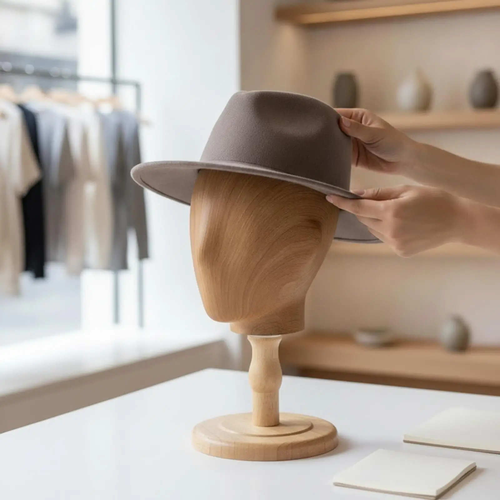 Female Mannequin Head Display Stand for Hat Hairpiece Showcase Woodgrain Finish Retail Fixture
