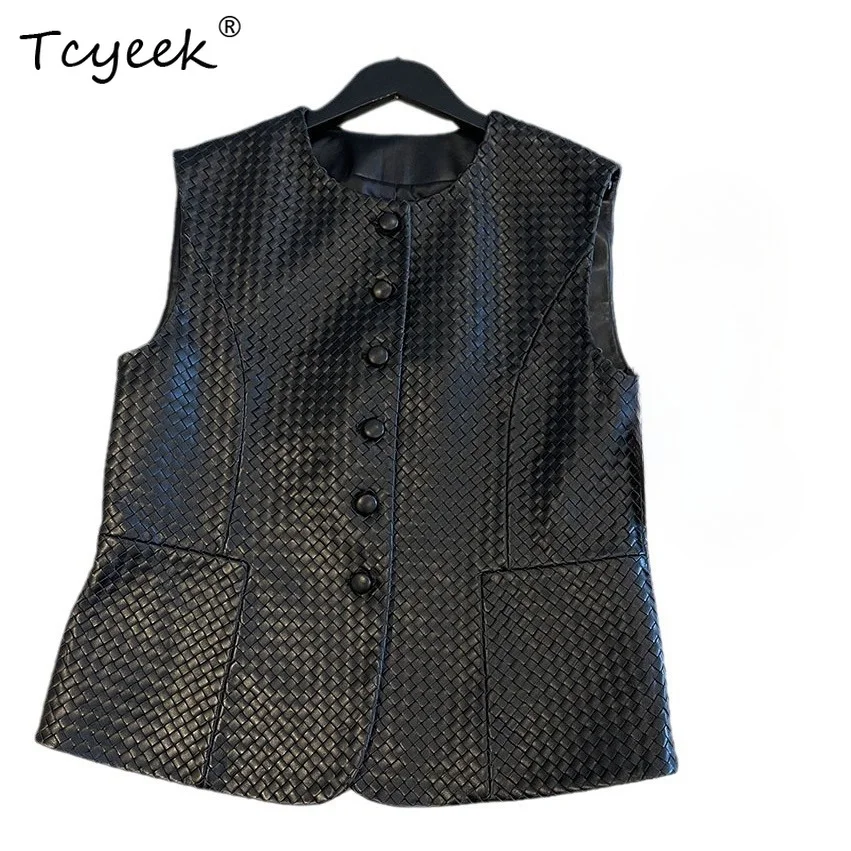 Tcyeek 100% Sheepskin Genuine Leather Vest Women Spring Autumn Clothes Weave Sleeveless Jacket Fashion Womens Vestss Slim Fit