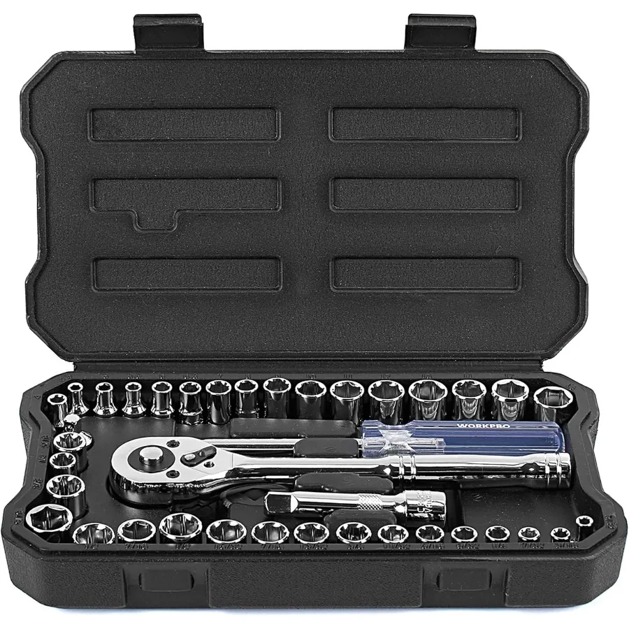 

39Piece Drive Socket Set 1 4'' 3 8'' CRV Metric and Imperial Sockets with QuickRelease Ratchet Wrench Compact Sockets Set for C