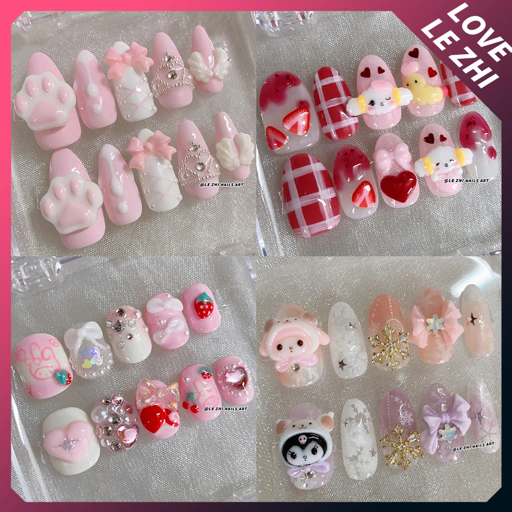 

Sweet Sanrio My Melody Kuromi Handmande Almond Fake Nail Cue Hellokitty Cinnamoroll Bowknot Pearl Diamond Cat Paws Press On Nail