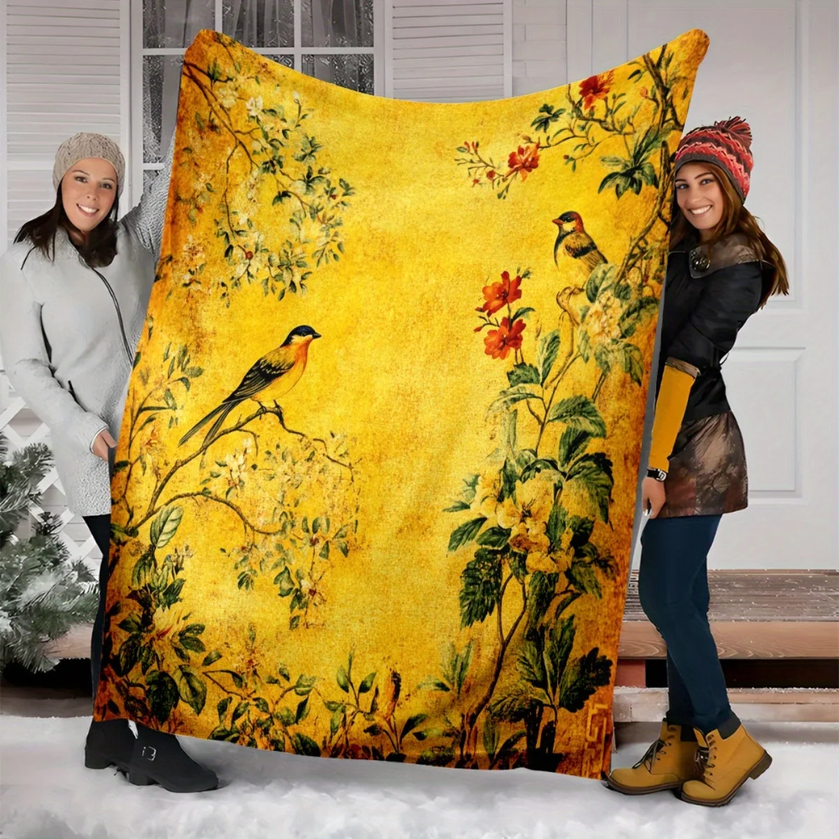 Vintage Bird & Floral Print Cozy Throw Blanket - Soft Flannel , Mustard-Yellow Botanical Design for Sofa, Bed, Camping, Travel