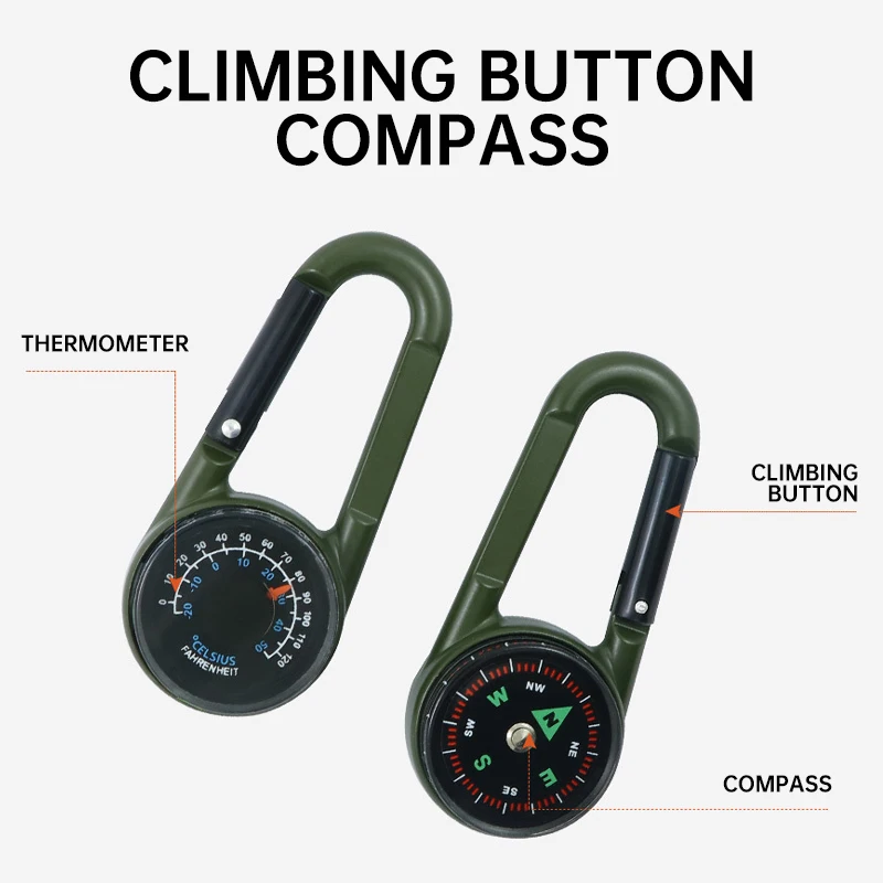 Multi functional hiking buckle with thermometer backpack buckle, zinc alloy outdoor portable hanging buckle, hiking compass