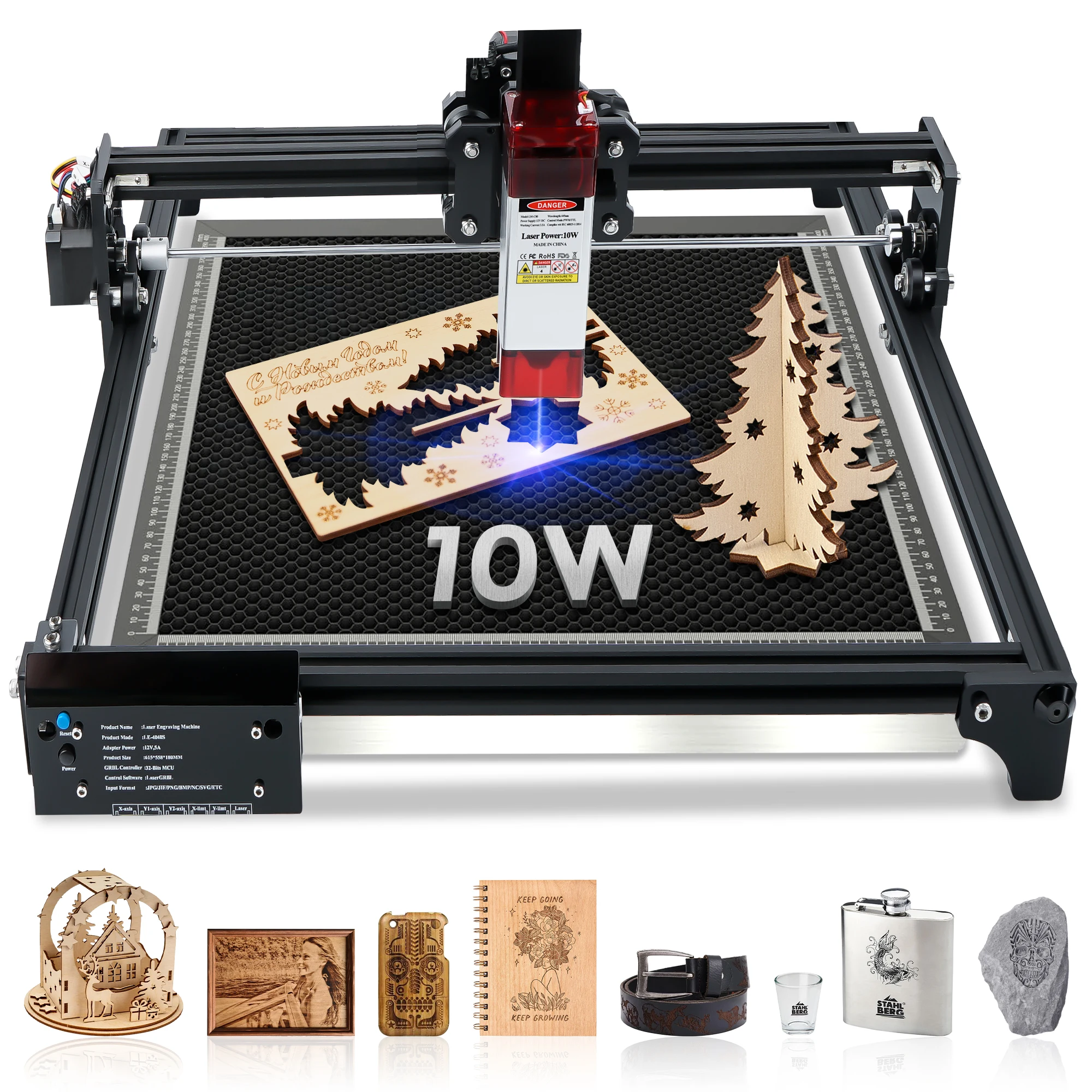 10W Laser Cutting Machine, GRBL 32Bit PWM Control,40x40 working area, Laser Engraver For Leather/Metal/Acrylic/EVA,Cut 8mm Wood