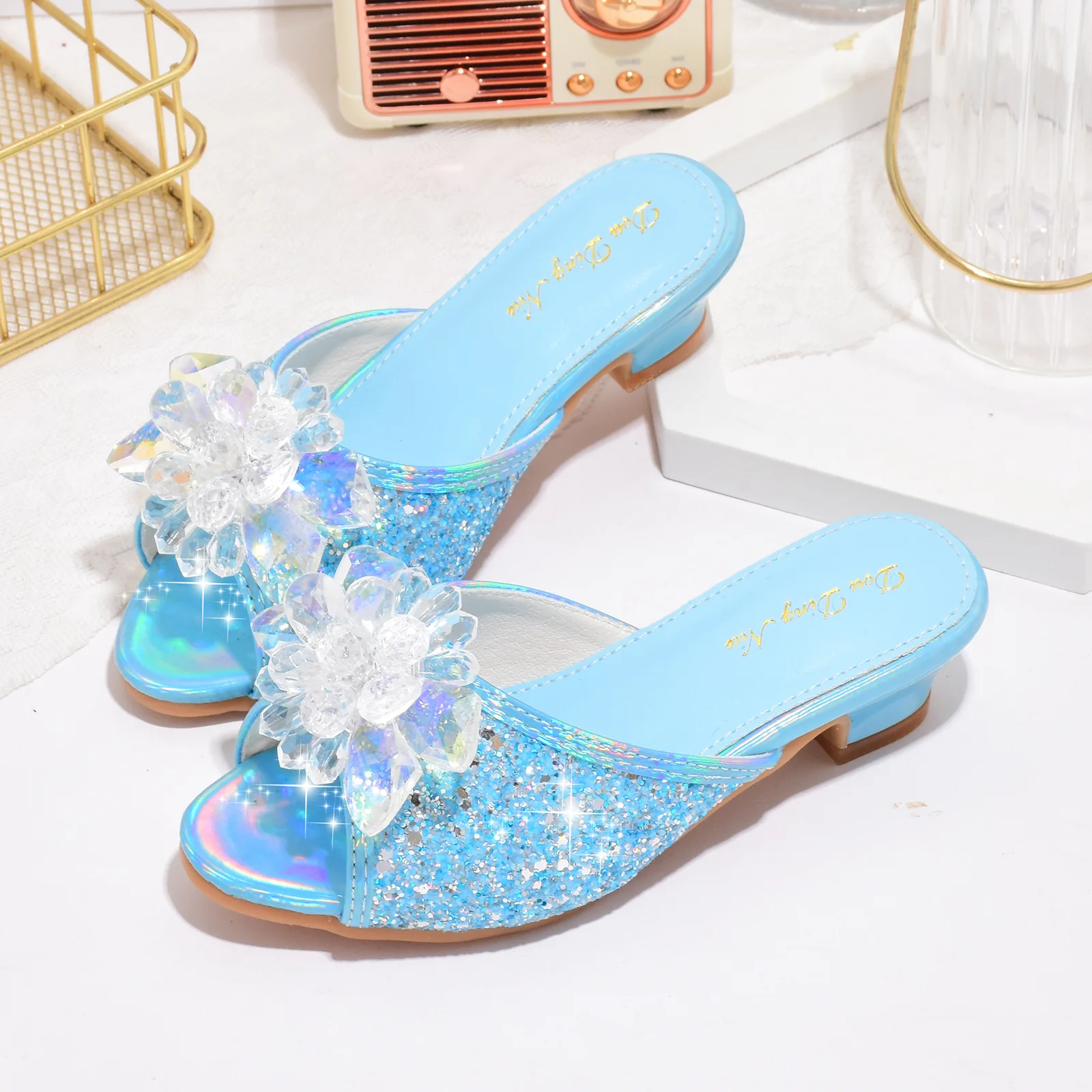 Girls Princess Slippers Wear Non-slip Sequin Children\'s High Heels Slides Fashion Crystal Flawers Summer Kids Sandals Size 26-37