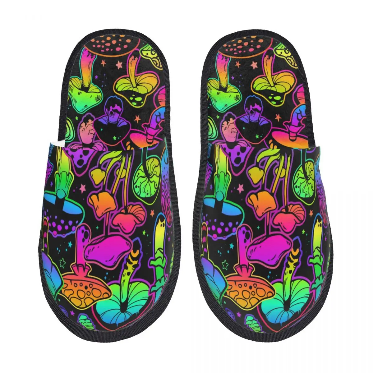 Winter Women Men Non-Slip Flat Slippers Psychedelic Mushrooms Print Indoor Fur Soft Warm Shoes