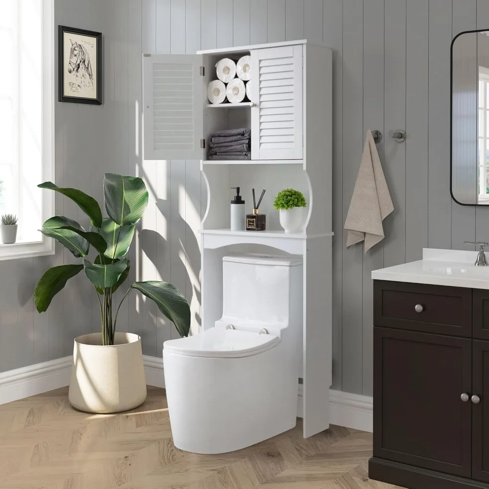 Over The Toilet Storage Cabinet, 3-Tier Freestanding Organizer, Bathroom Storage Cabinet ,Adjustable Shelves, Double Doors