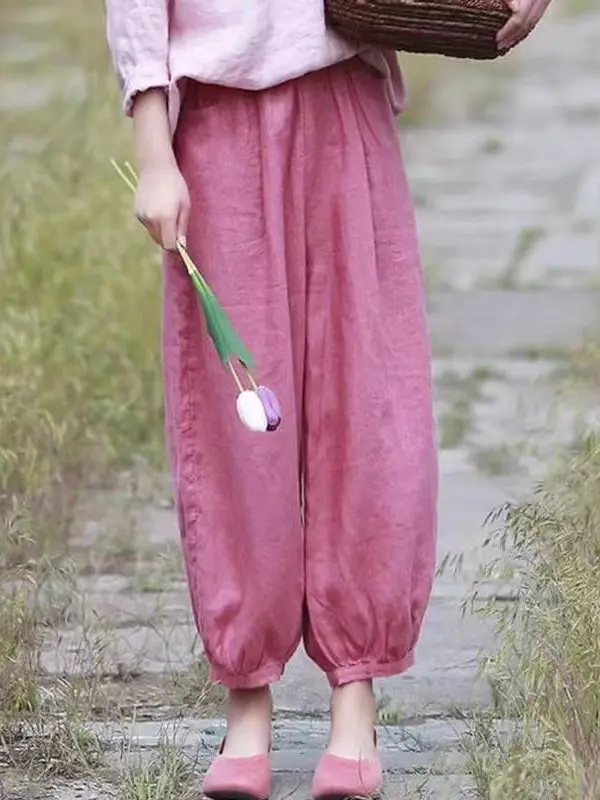 Leichte Taille-Leinen-Laternenhose, lässige, lockere Passform, neunteilige Hose, künstlerische Hose, bequeme hohe Taille, dünnes Modell