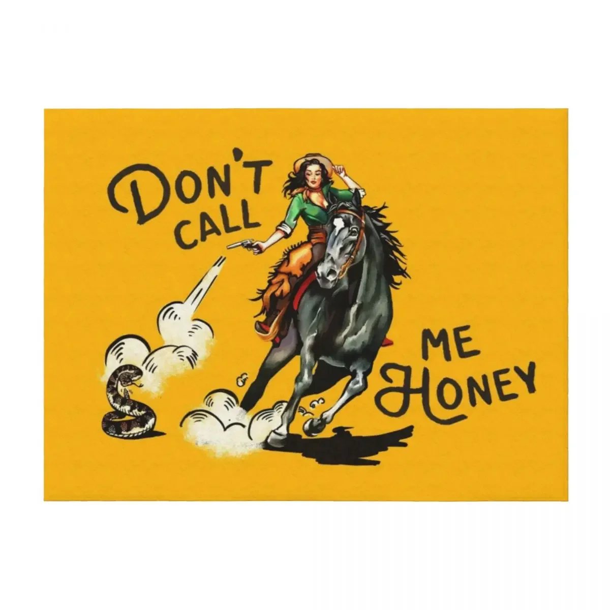 

Don't Call Me Honey Vintage Pinup Cowgirl On Horseback Shooting A Snake Throw Blanket blankets and throws Polar Blankets