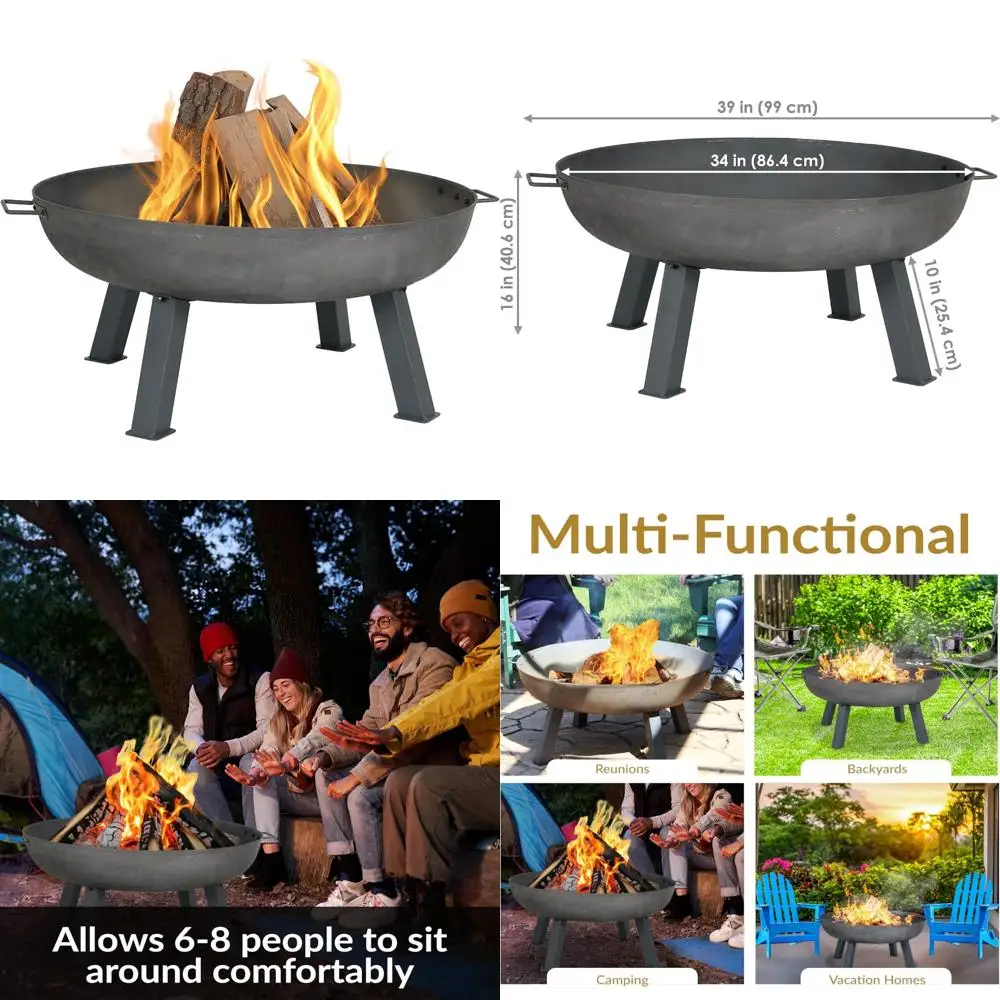 

Heavy-Duty 34-Inch Outdoor Wood-Burning Fire Pit Bowl with Handles - Cast Iron, Steel Finish, Perfect for Backyard Gatherings
