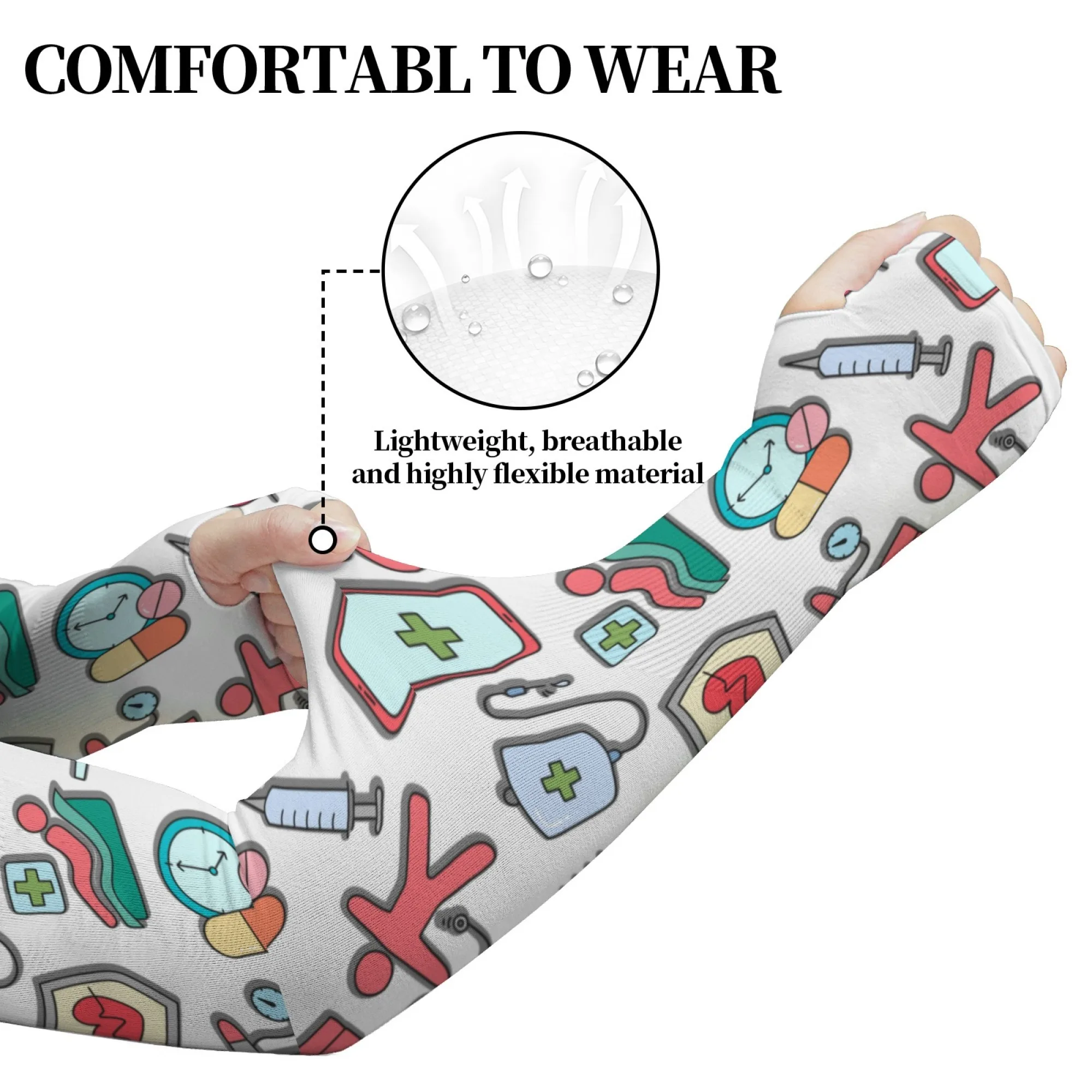 Cartoon Medical Pattern Arm Sleeves for Women Men UV Protection Cooling Arm Covers Breathable Sun Sleeves for Outdoor Sports