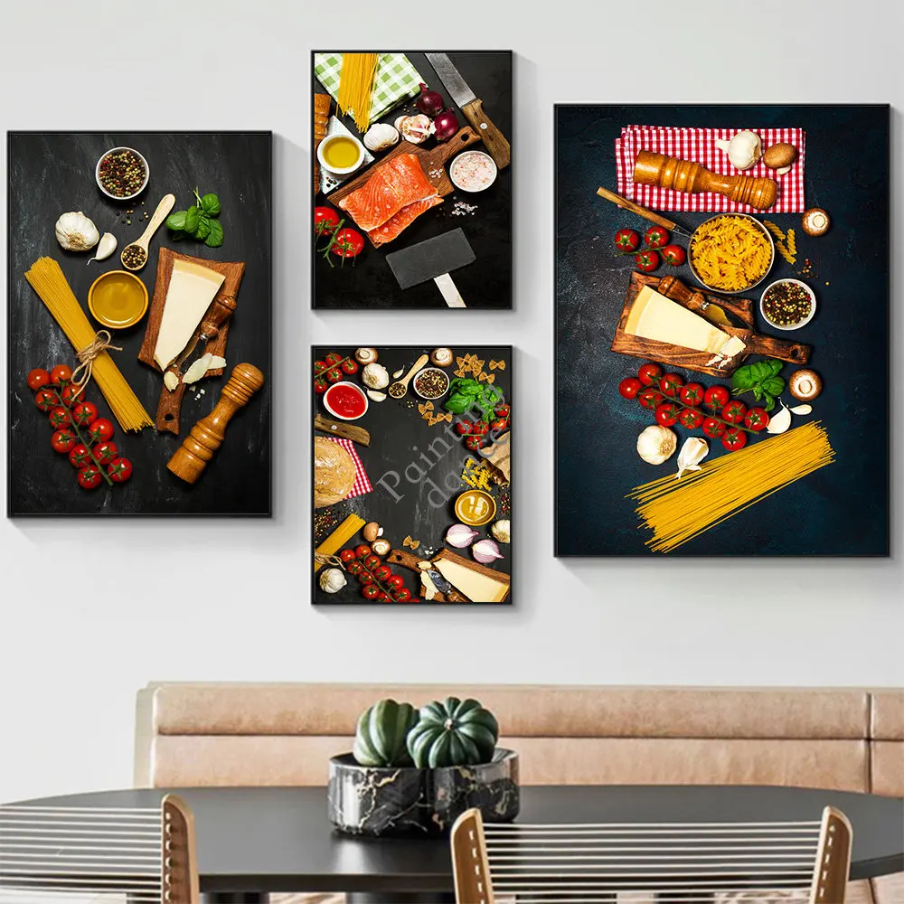 Carteles de Pasta con tomates y queso crudos, impresiones de Pizza con carnes, comida, arte de pared, pintura en lienzo para cocina, habitación, decoración del hogar