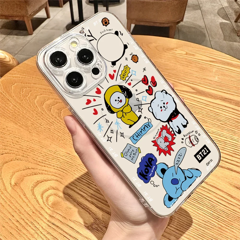 BEST KINGDOM B-BT21 Cute Phone Case for iPhone Plus 11 13 12 14 15 16 Pro Max Transparent Shell Magsafe Magnetic Wireless Cover