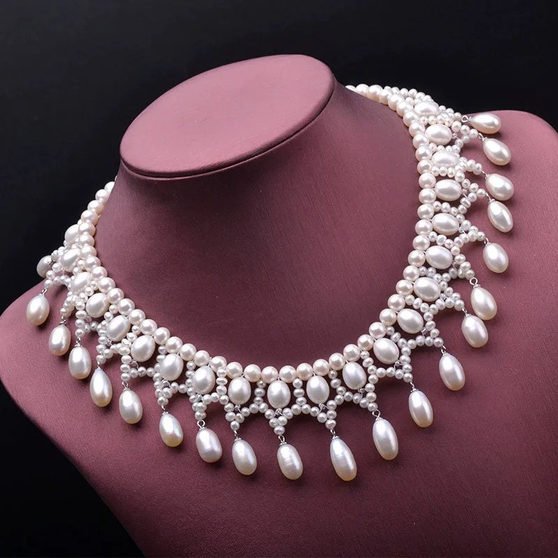 4 Rows Cultured Pearl Choker Necklace 17'' Handmade Pearl Jewelry Necklet For Lady