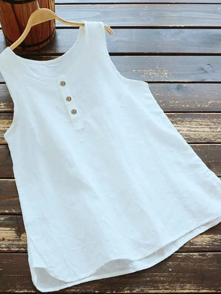 Europe and the United States solid color loose round neck sleeveless vest shirt pure cotton linen shirt for women