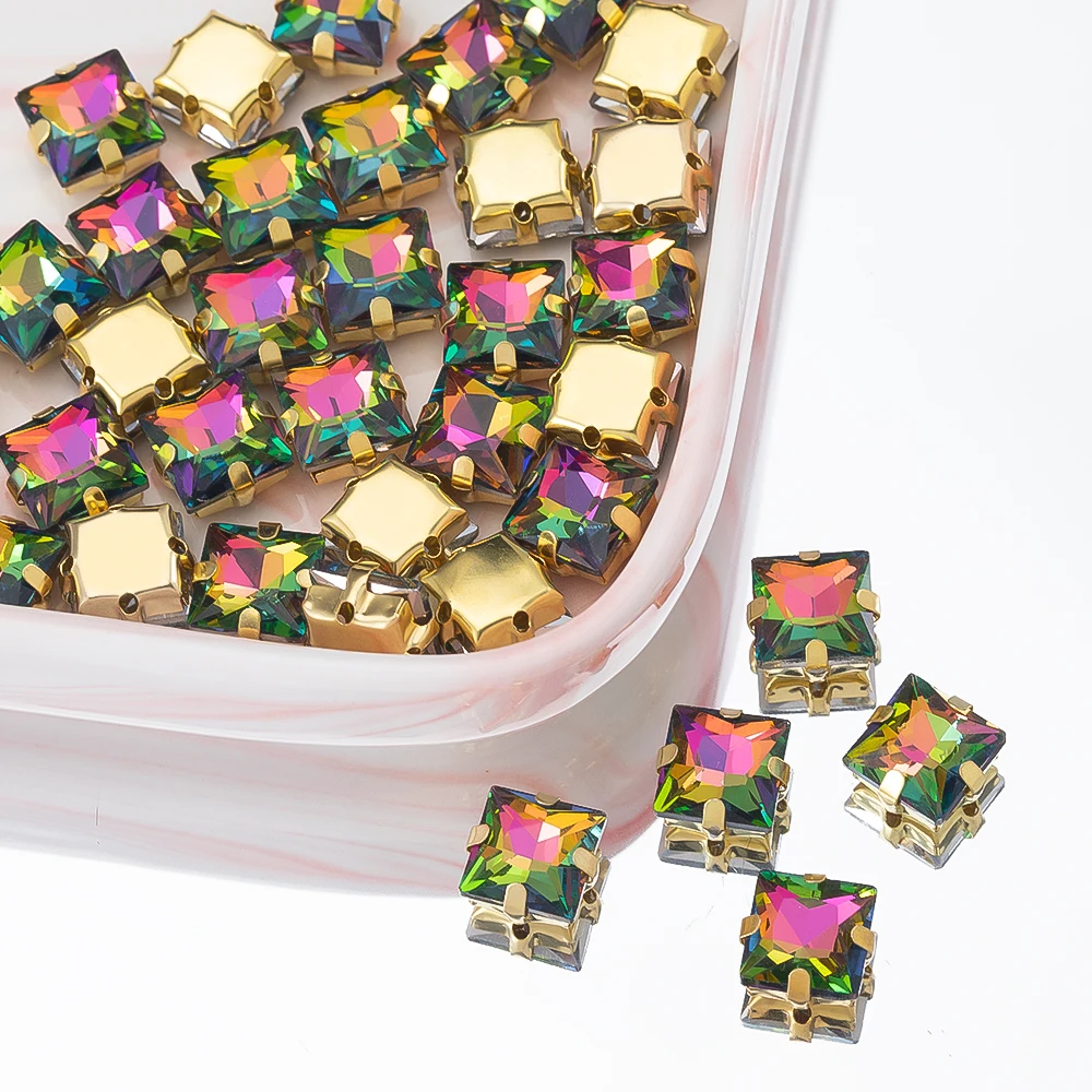 50pcs Golden Sew-on Beads 8mm Square Flashy Imitation Crystal Beads For Needlework Necklace Jewelry Making DIY Dress Decoration