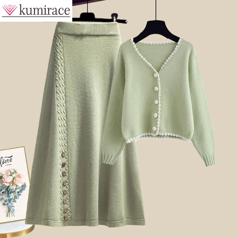 Autumn New Women's Clothing Set Skirt Tea Style Dressing Early Winter Green Sweater Coat Skirt Two Piece Setwinter Clothes Women
