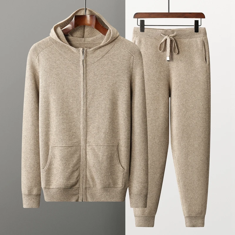 New 100% Cashmere Suit For Men Knitted Hooded Cardigan And Jogger Pants Two-Piece Set Thickened Casual Comfortable Sports Suit
