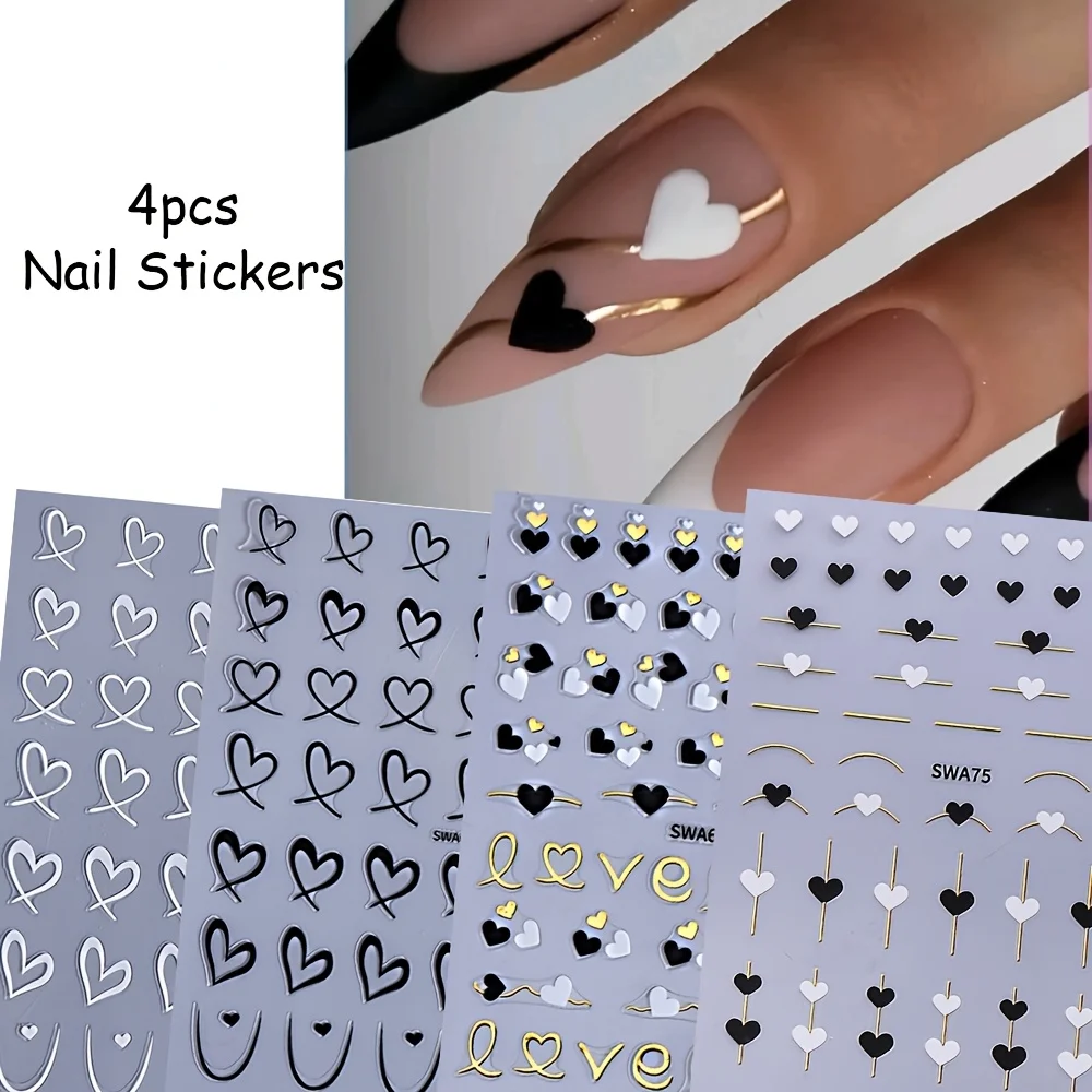 4 pezzi di adesivi per nail art di San Valentino, decalcomanie autoadesive a forma di cuore, decorazioni per unghie a tema amore con glitter in oro bianco nero