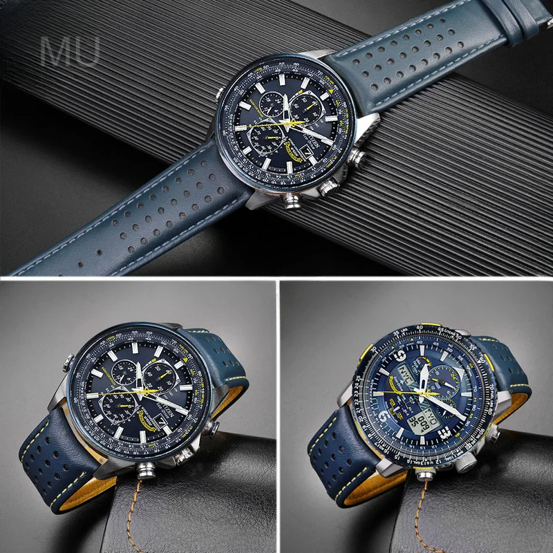 Waterproof Cowhide Leather Watch Band for Citizen Air Eagle Blue Angel Generation II Jy8078 At8020 22 23mm with Arc Interface