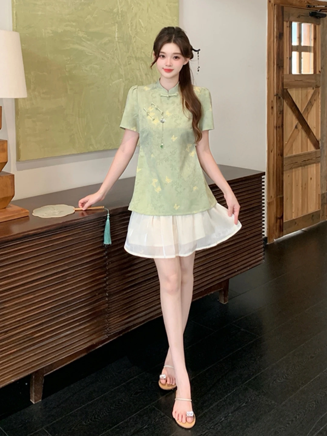 New Chinese Style  Knot Print Two-Piece Set Women's Summer plus Size High Waist A-Line Skirt And Top Ensemble