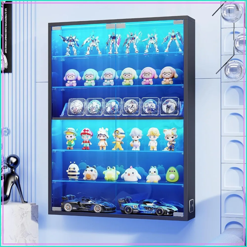 6-Tier Wall Display Case with Glass Doors, LED Sports Card Display Cabinet for Collectibles, Adjustable Shelves, Black