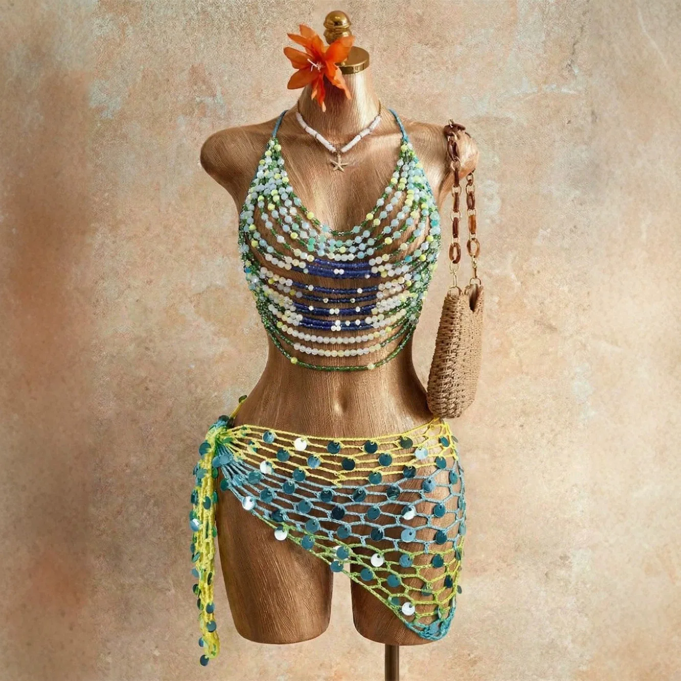 2026 New Green Blue Acrylic Stone Beaded Bra Chain Tops Backless Metal Halter Camis Sexy Girls Night Clubwear Summer Body Chain