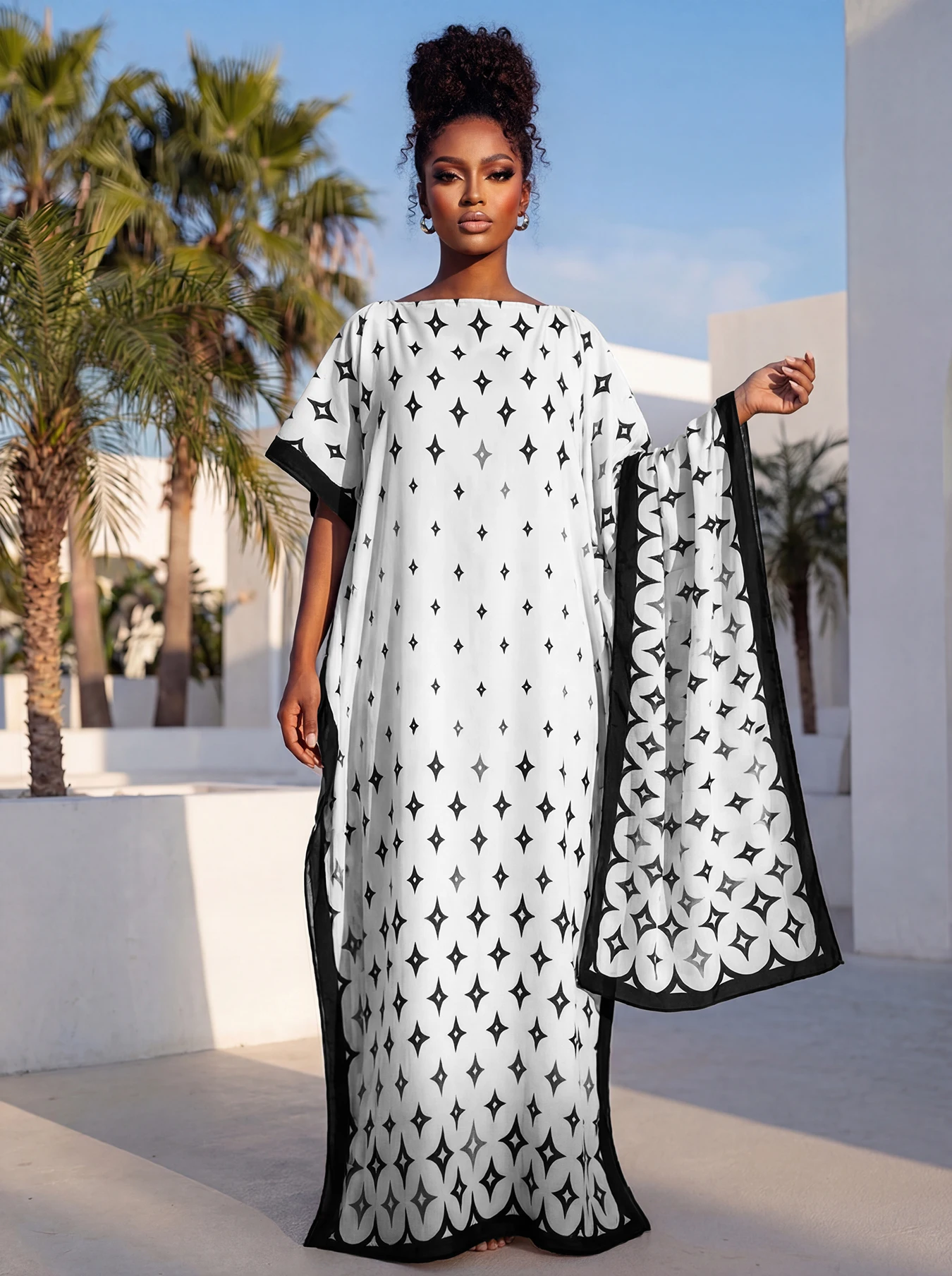 New Style Long Loose Silk Blend Beach Cover up Dress Middle East Pattern Printed Elegant Long Robe Dress for Women - view 4