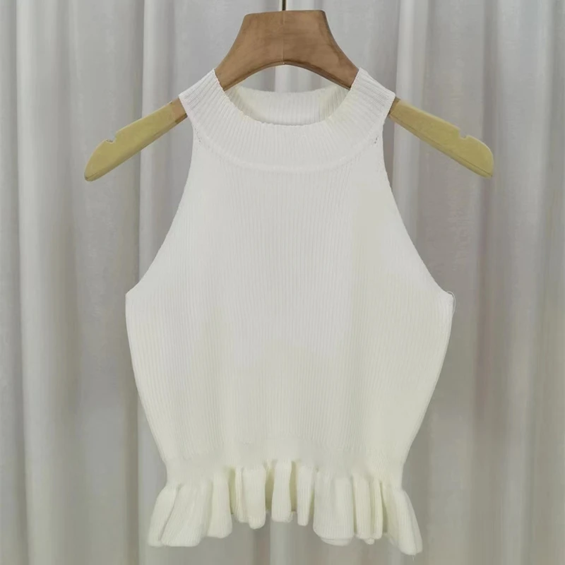 Tops femininos de malha de pescoço simulado com babados, tanques sem nervuras sem mangas, camis babado, roupa Y2K, verão, 2021